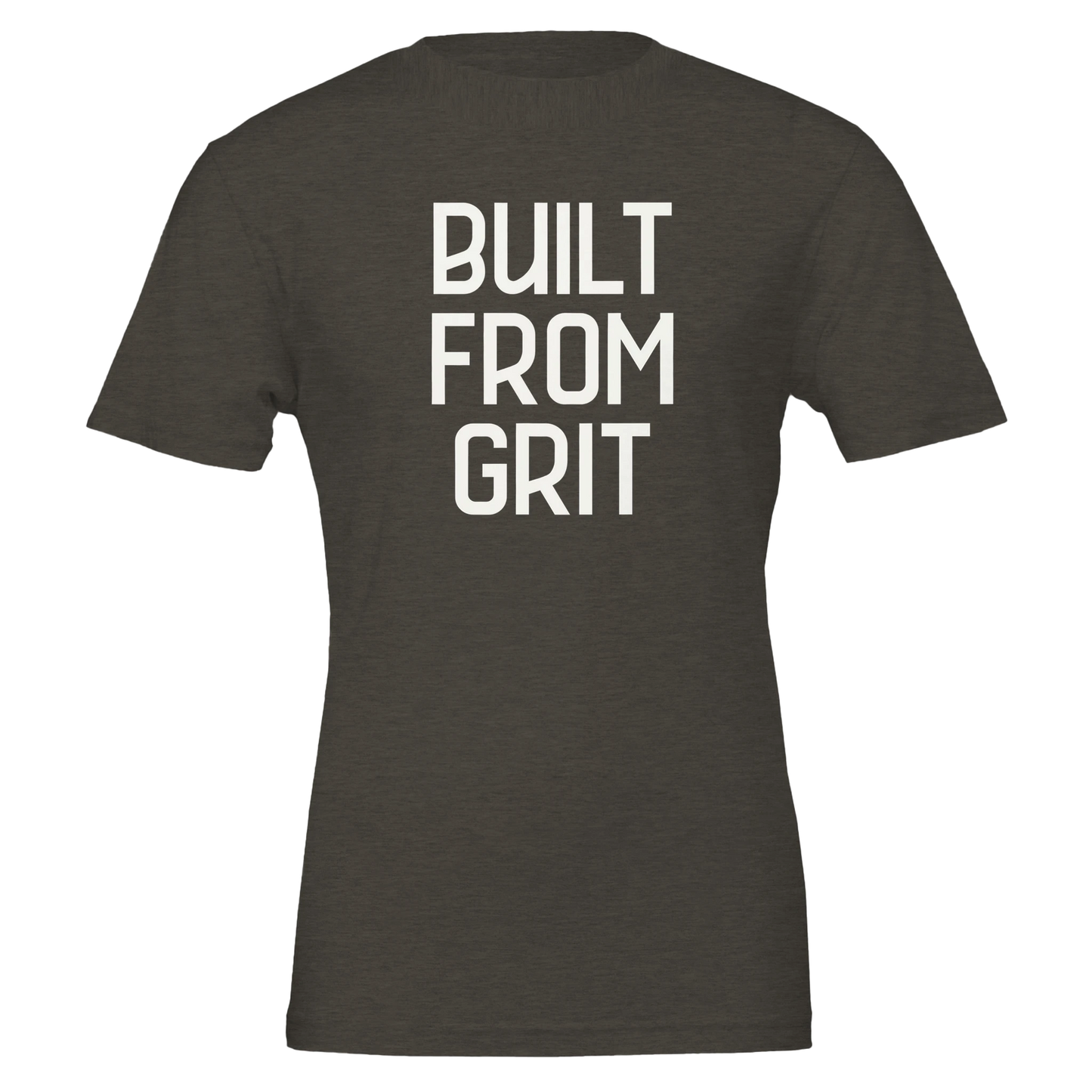 Flat lay of a unisex heather black t-shirt with bold white "Built From Grit" text stacked in three lines on the front.