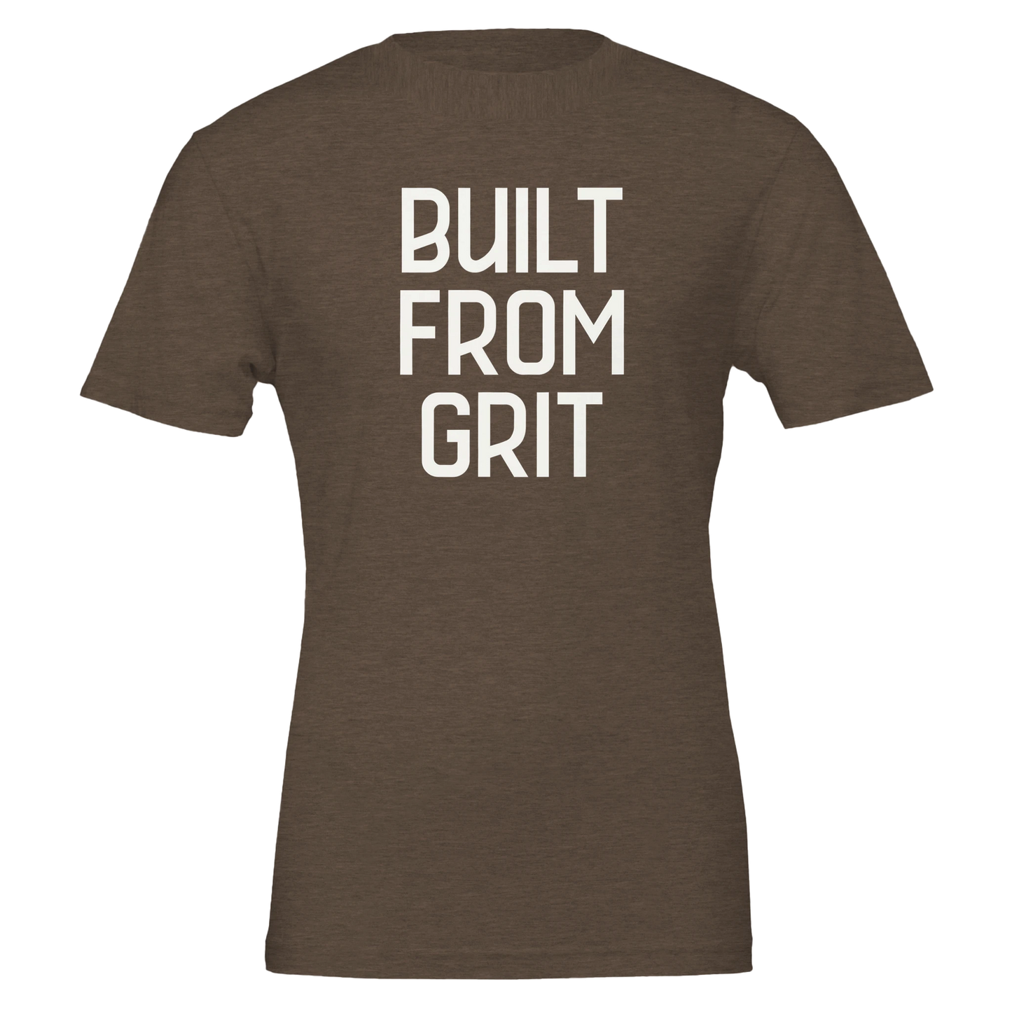 Flat lay of a heather brown t-shirt with bold, white "Built From Grit" stacked lettering across the chest.