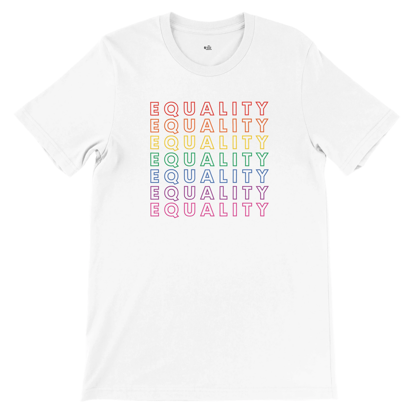 Flat lay of the “EQUALITY” Pride Gradient t-shirt in Classic White with rainbow stacked text, front view.