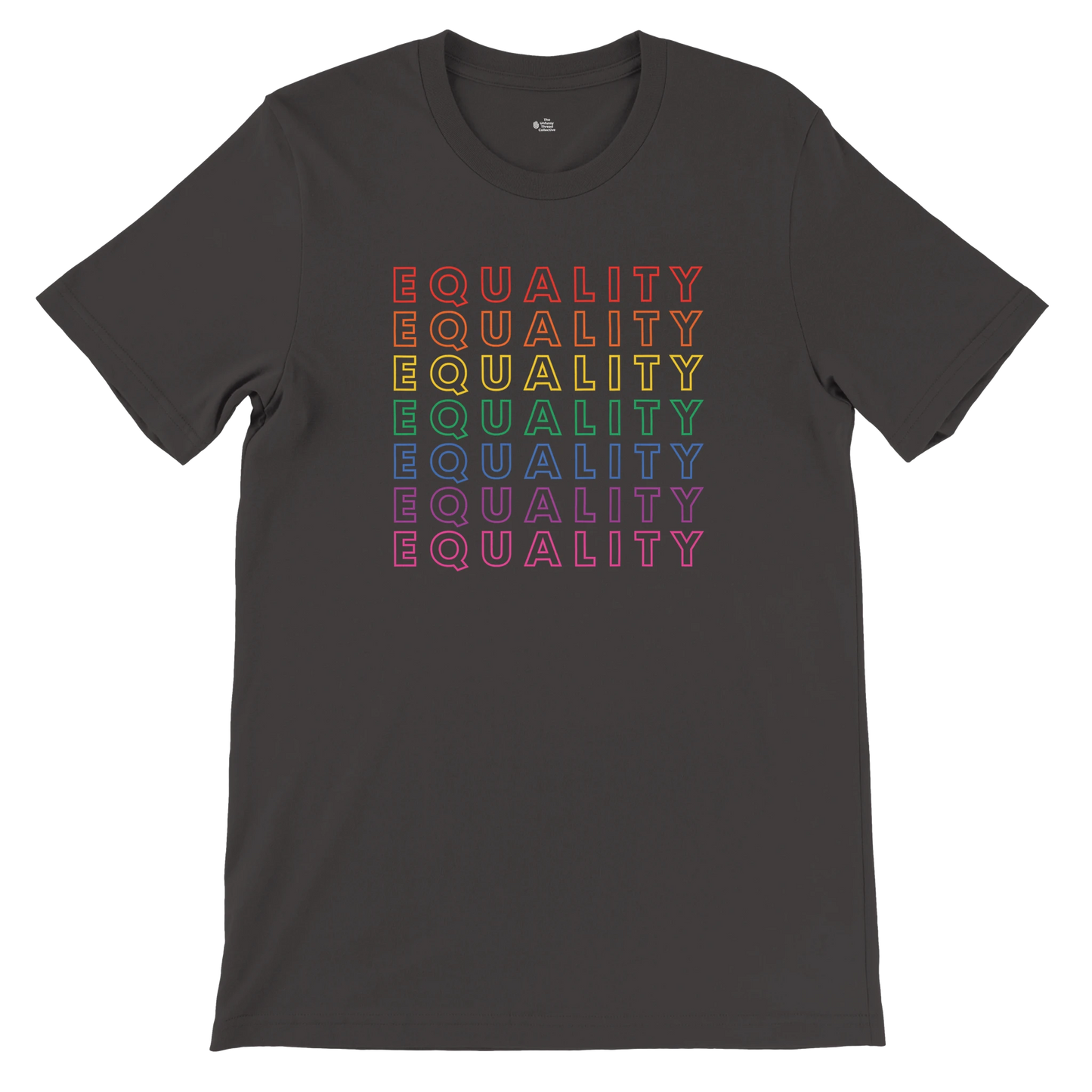 Flat lay of the “EQUALITY” Pride Gradient t-shirt in Vintage Black with rainbow stacked text, front view.