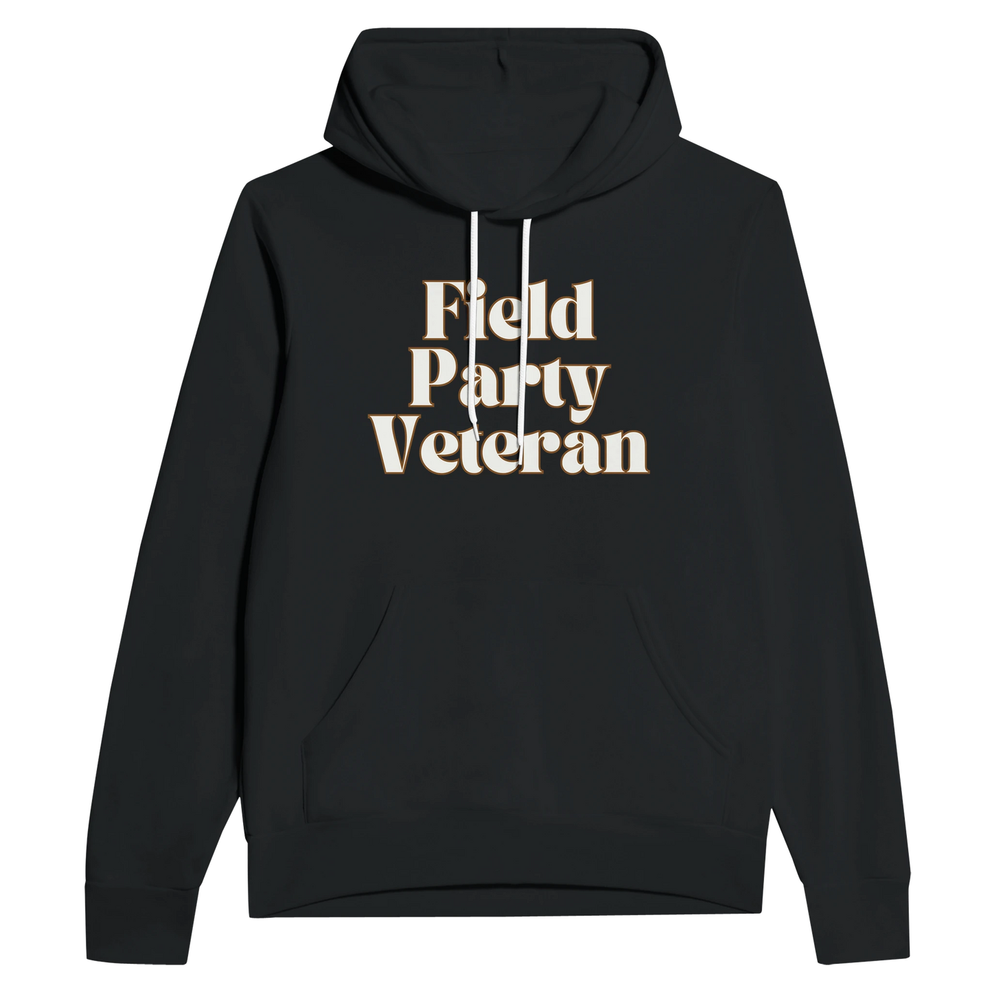 Field Party Veteran unisex pullover hoodie in black with bold text design on front.