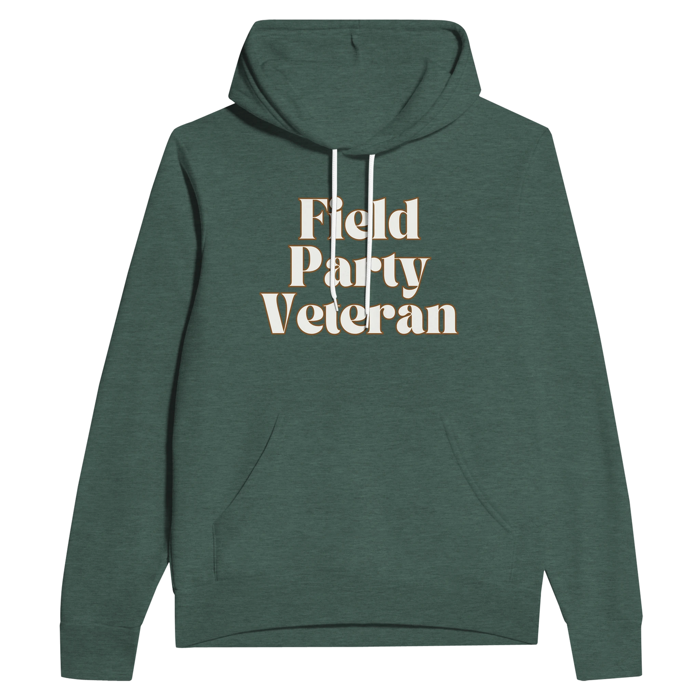 Field Party Veteran unisex pullover hoodie in heather forest with bold text design on front.