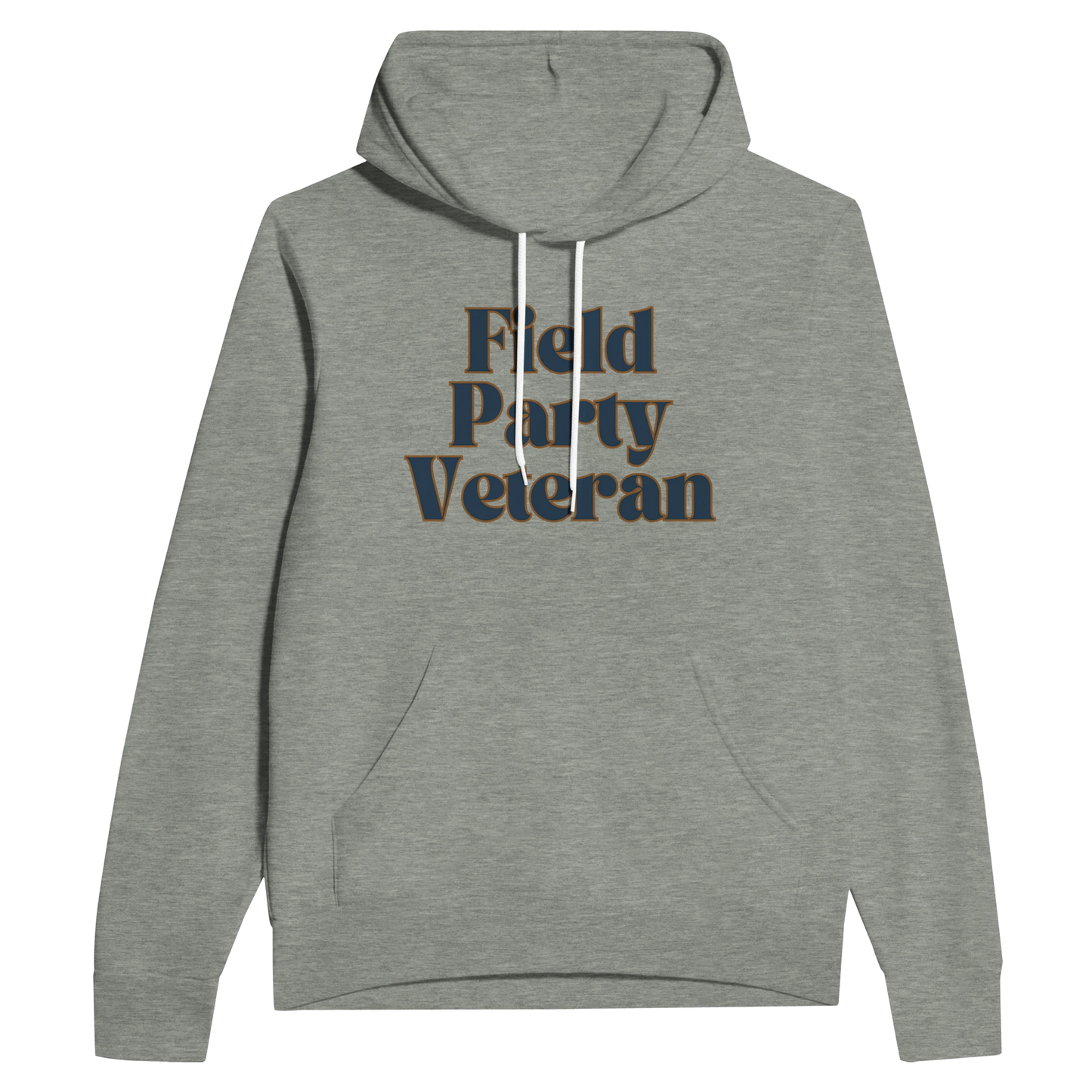 Field Party Veteran unisex pullover hoodie in heather gray with bold text design on front.