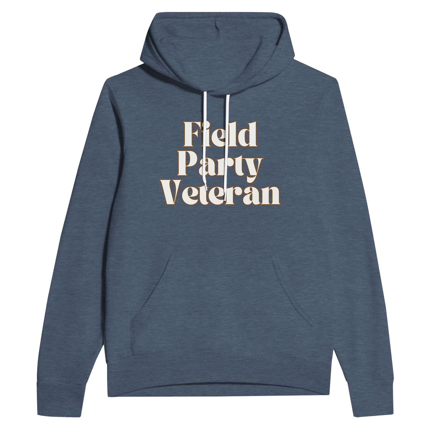 Field Party Veteran unisex pullover hoodie in heather navy with bold text design on front.
