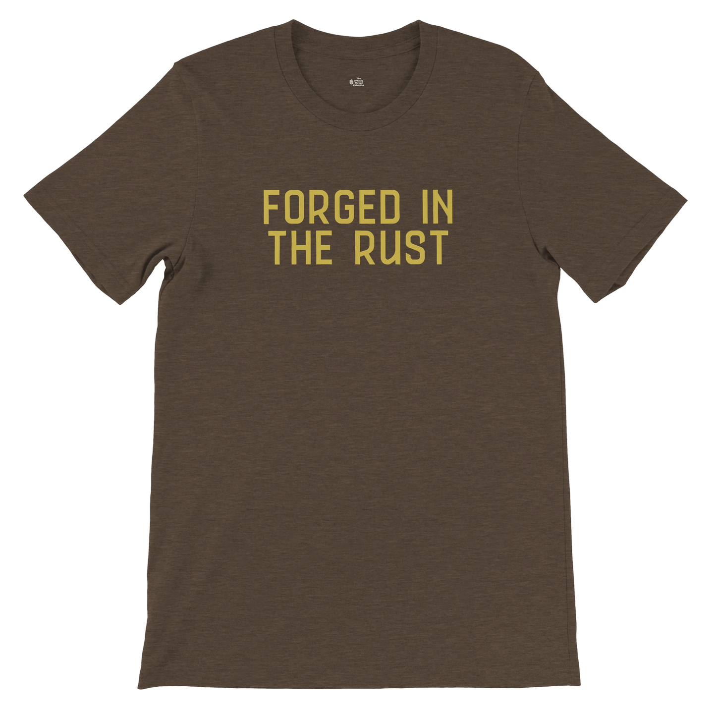 Bella+Canvas 3001 unisex tee in dark heather brown featuring the text “FORGED IN THE RUST” in vintage yellow, flat lay front view.