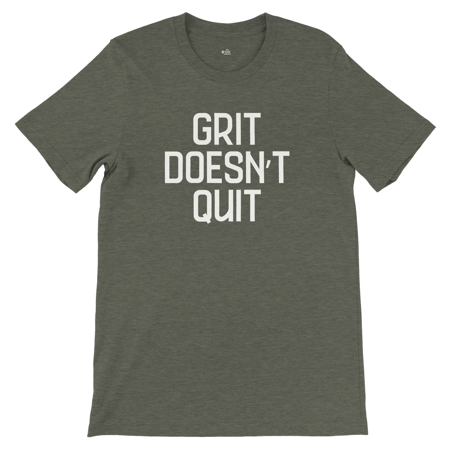 Flatlay of "Grit Doesn't Quit" tee in Heather Military Green with bold white type.