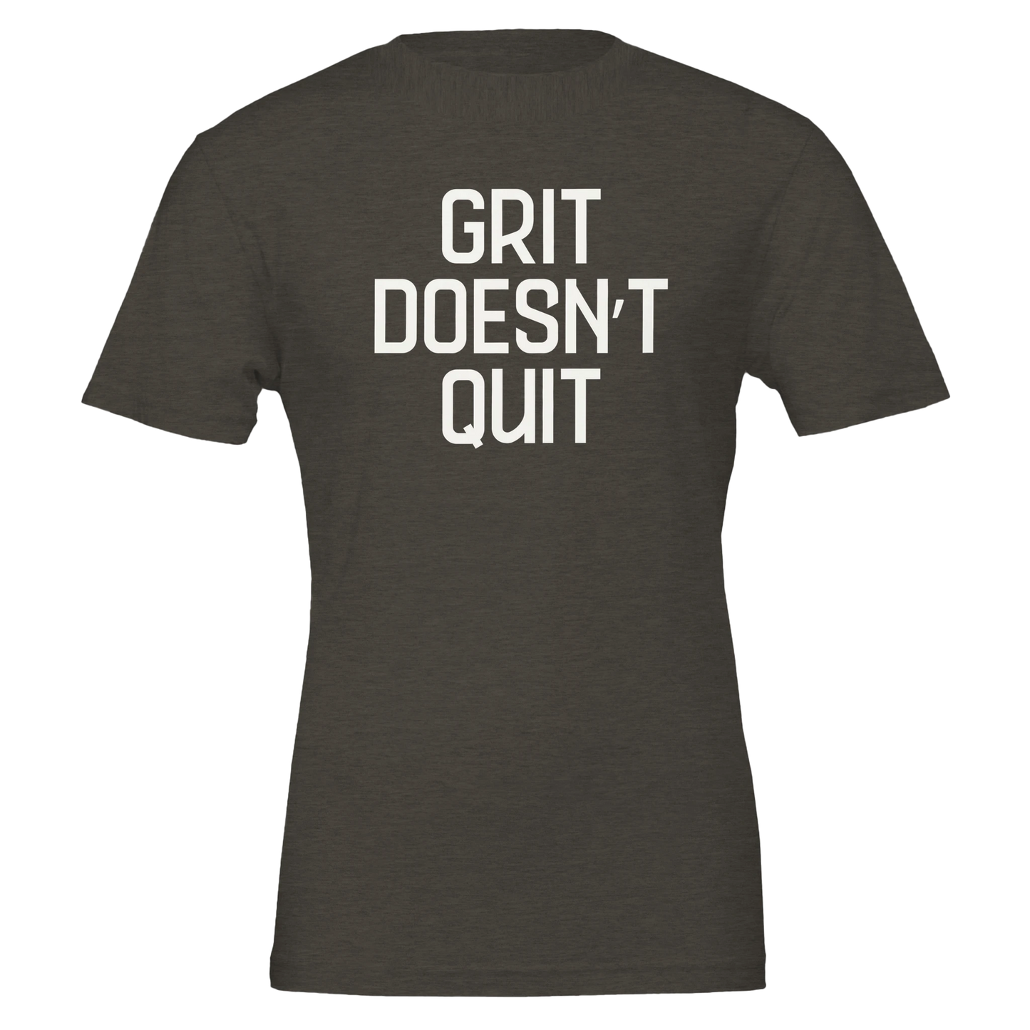 Flatlay of "Grit Doesn't Quit" tee in Vintage Black with bold white type.