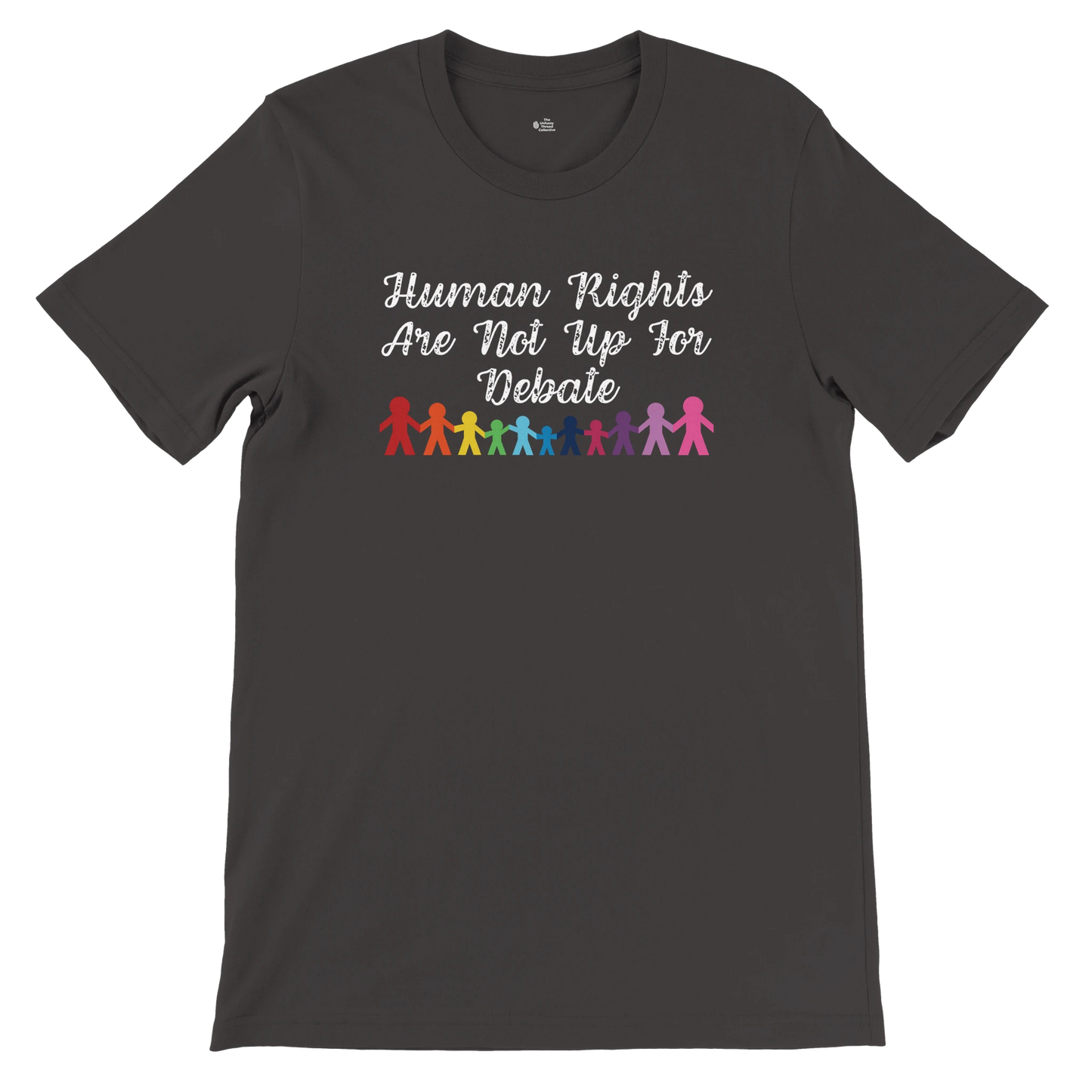 Flat lay of the “Human Rights Are Not Up For Debate” t-shirt in Vintage Black with rainbow paper doll graphic, front view.