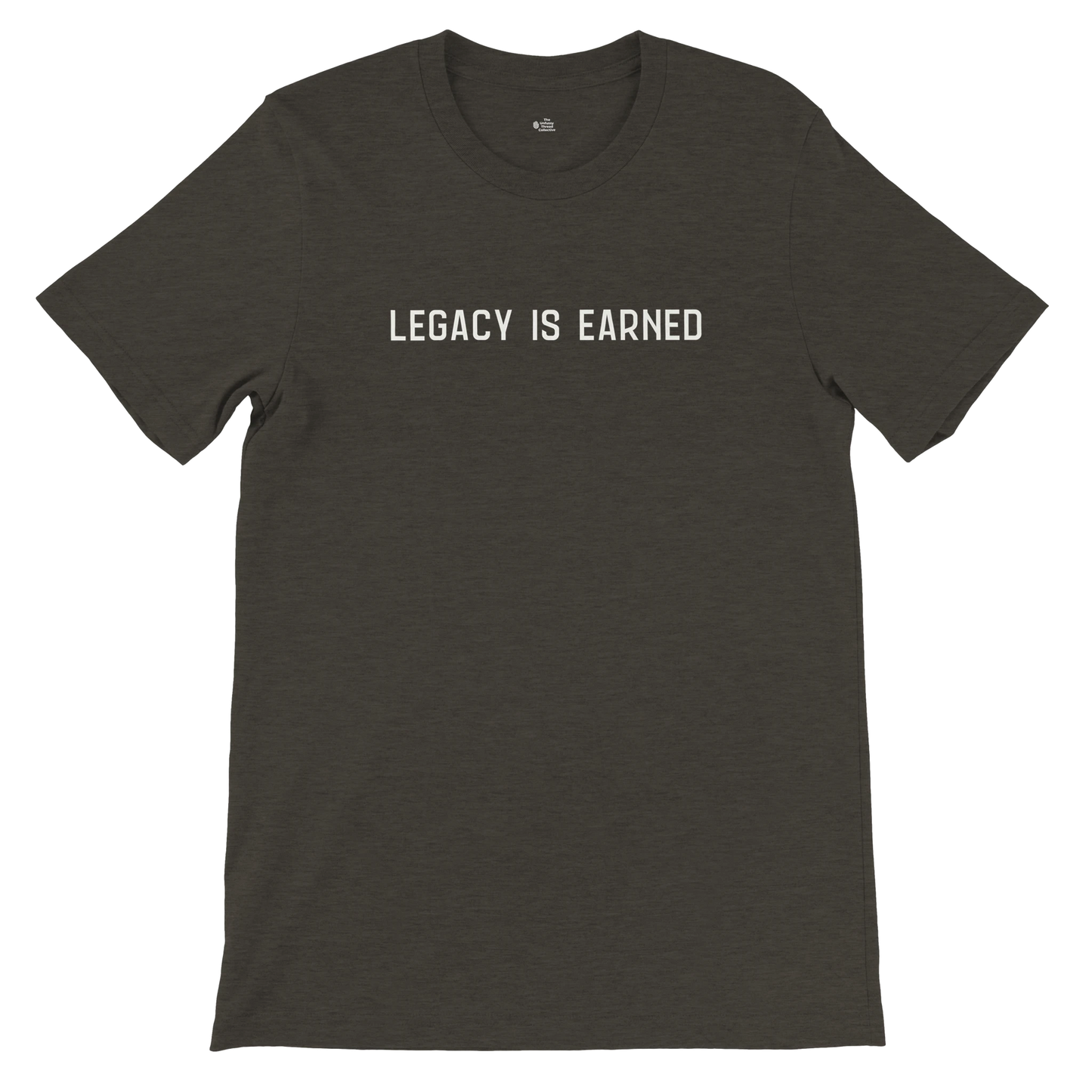 lat lay of “Legacy Is Earned” t-shirt in heather black with white text on the front.