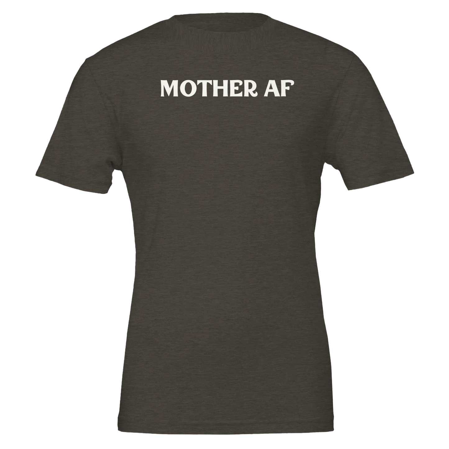 Front view of a heather black t-shirt with “Mother AF” printed in bold white text.