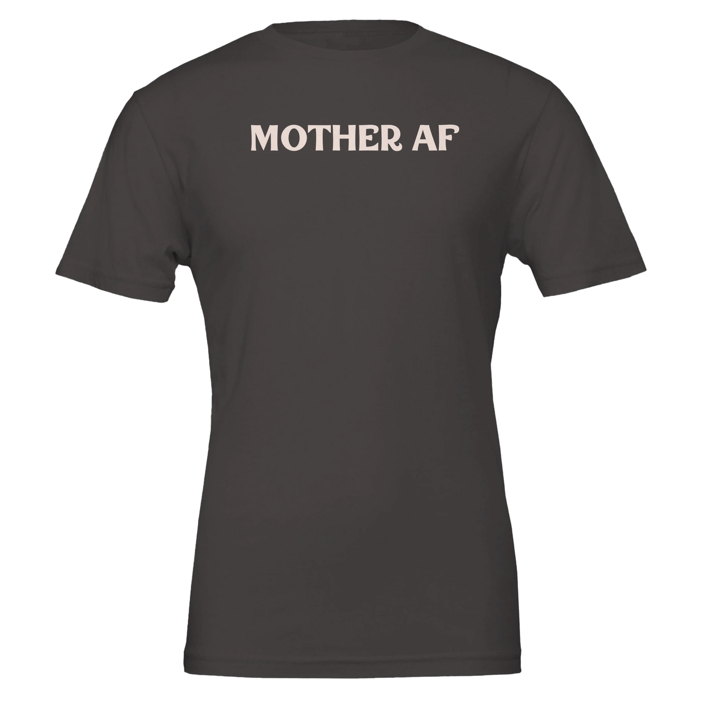 Front view of a vintage black t-shirt featuring the words “Mother AF” in soft pink-white type.