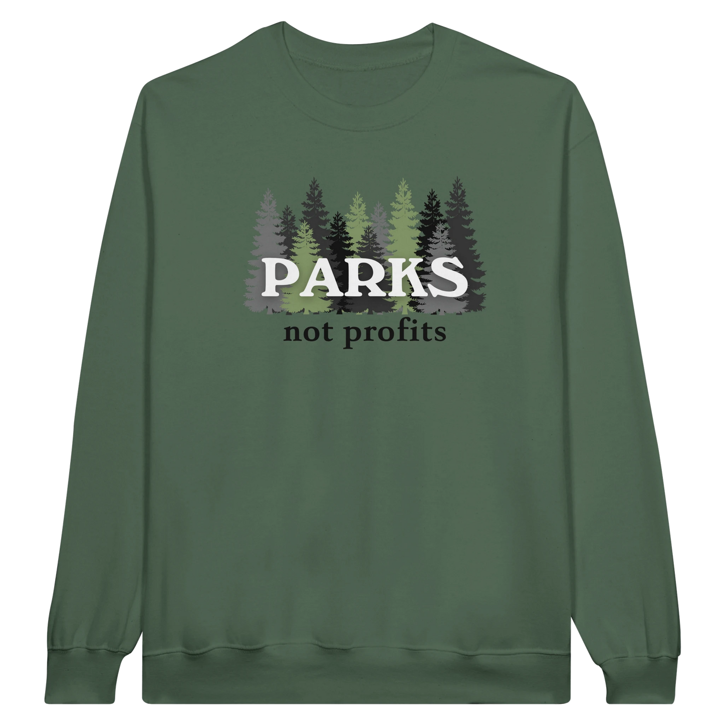 Parks Not Profits midweight fleece crewneck sweatshirt in military green with pine tree design on front.