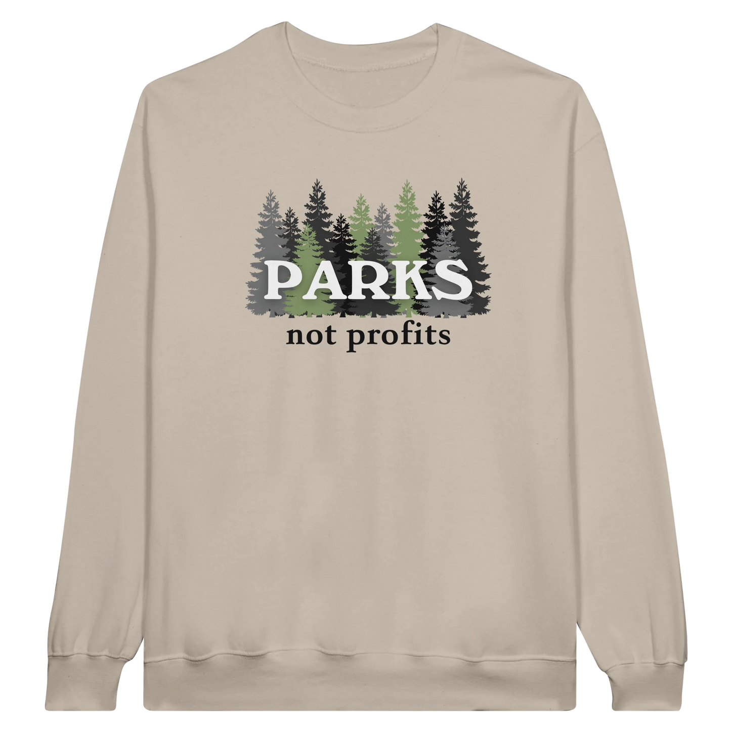 Parks Not Profits midweight fleece crewneck sweatshirt in sand with pine tree design on front.