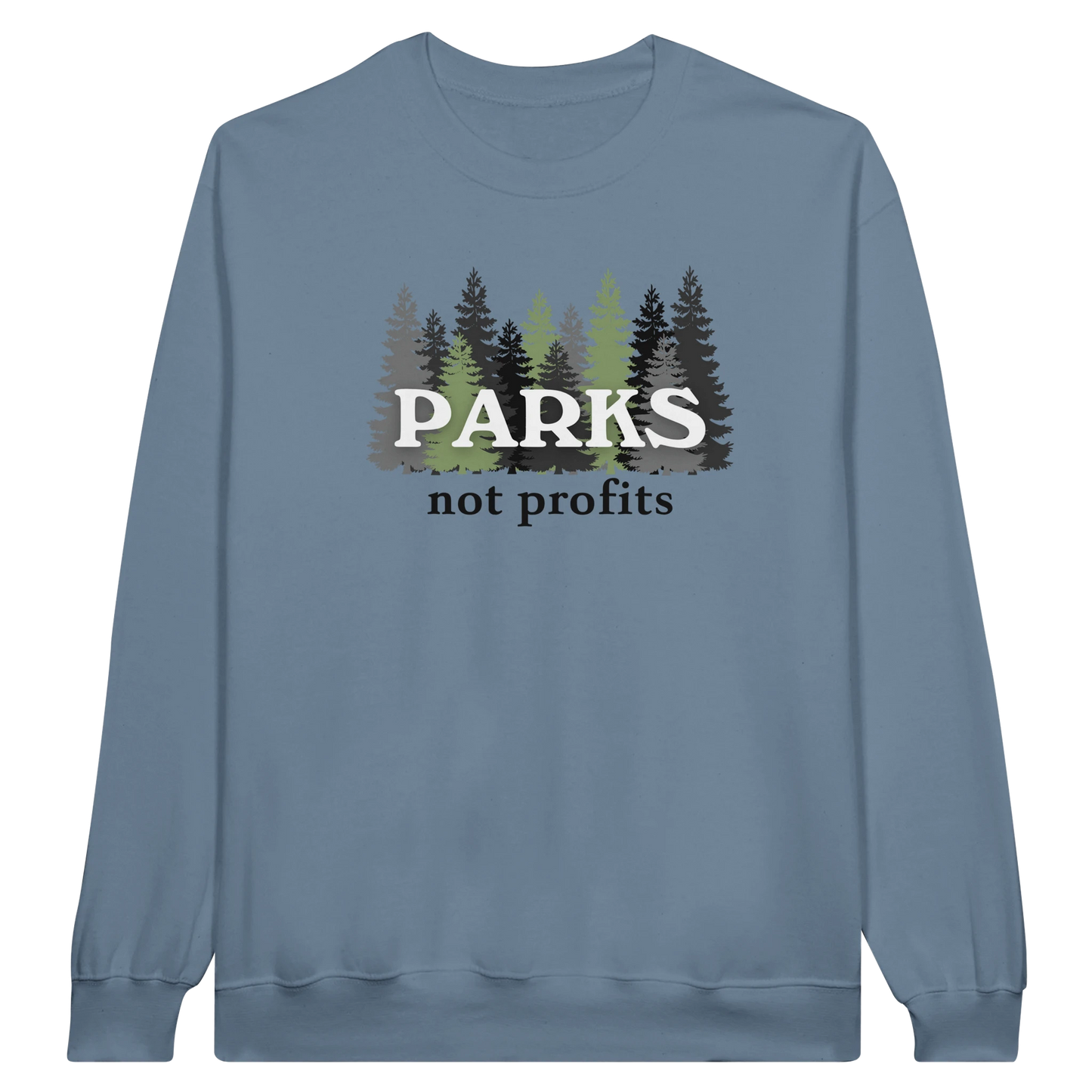 Parks Not Profits midweight fleece crewneck sweatshirt in stone blue with pine tree design on front.