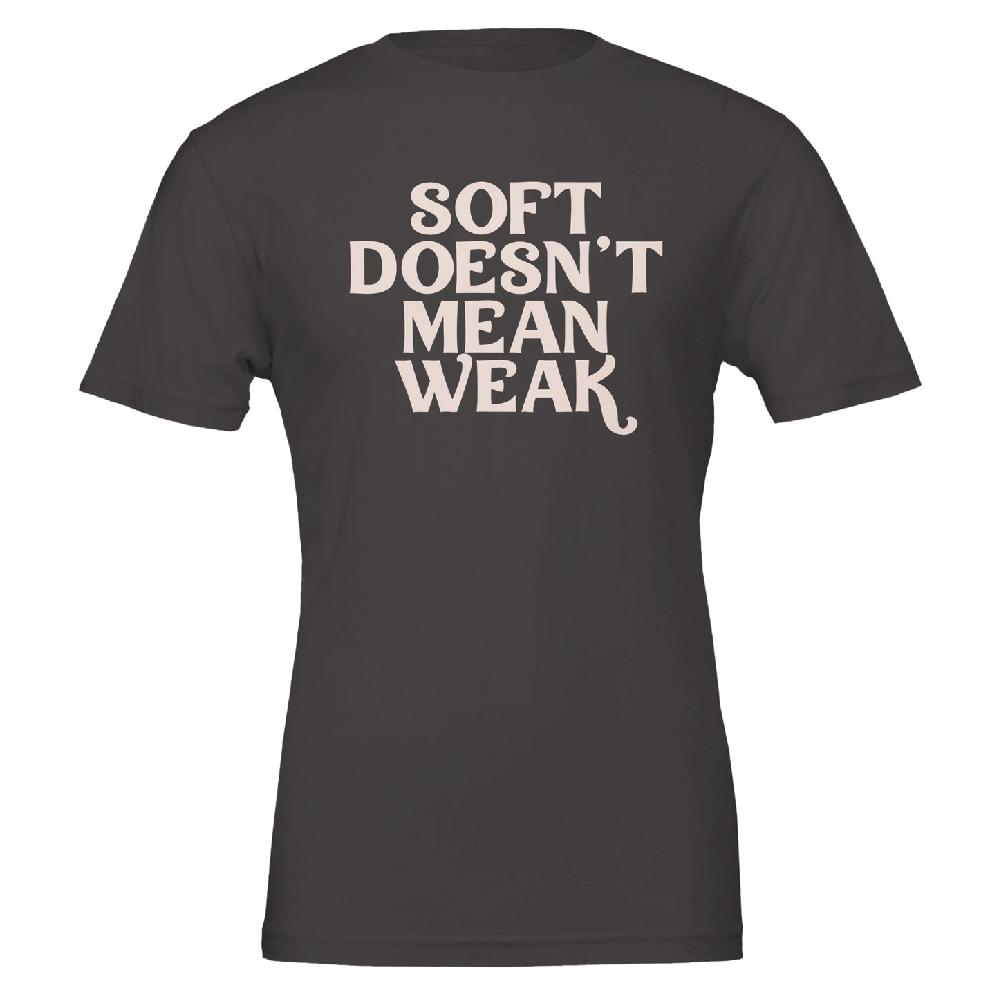 Flat lay of vintage black t-shirt with soft pink text reading “Soft Doesn’t Mean Weak.”
