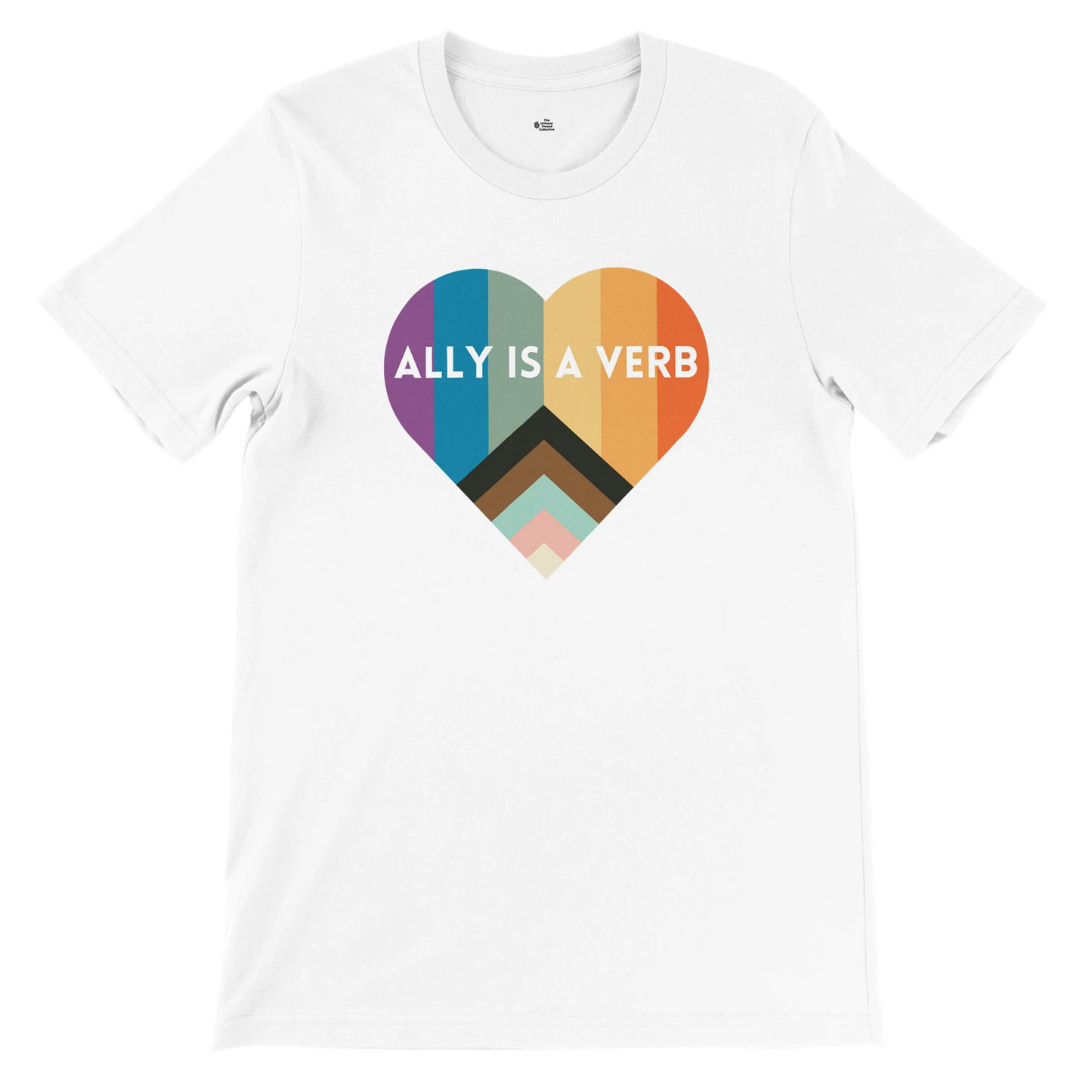 Flat lay of a classic white unisex t-shirt with a heart-shaped Pride flag design and the phrase “Ally Is a Verb” across the front.