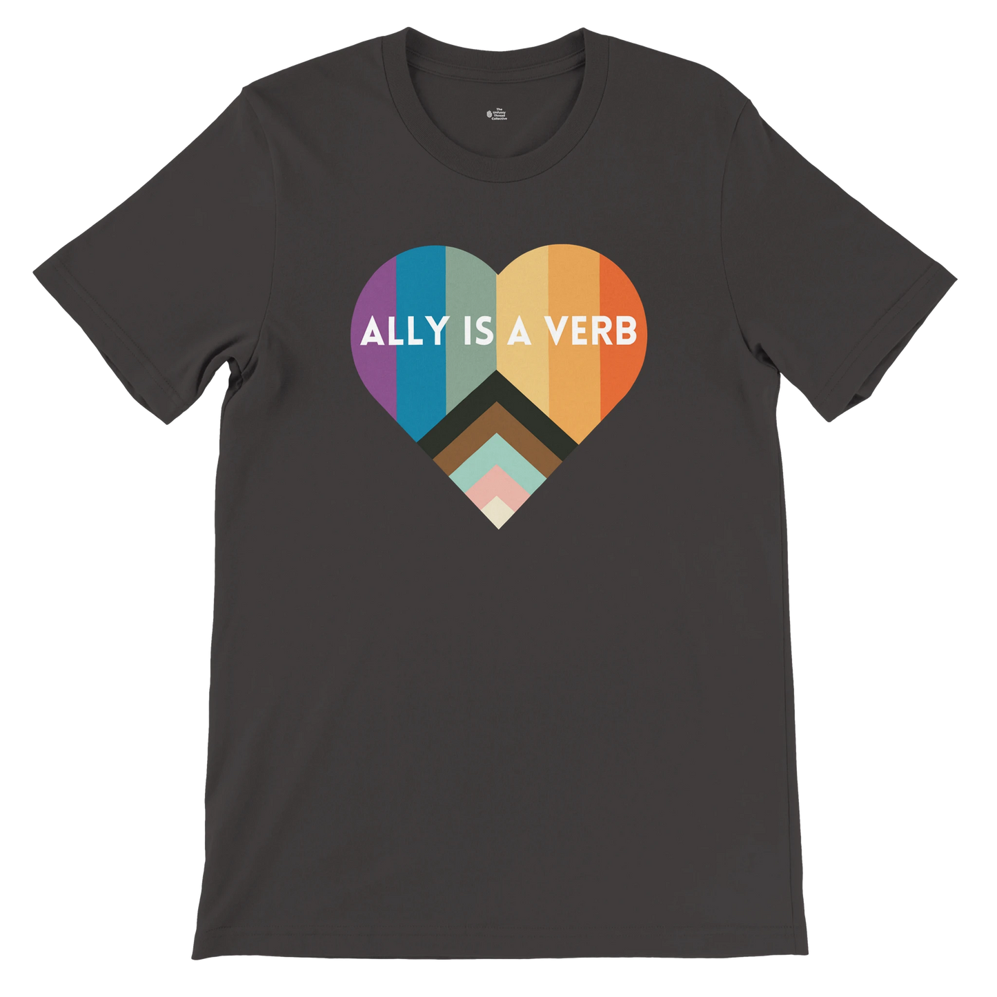 Flat lay of a vintage black unisex t-shirt with a heart-shaped Pride flag design and the phrase “Ally Is a Verb” across the front.