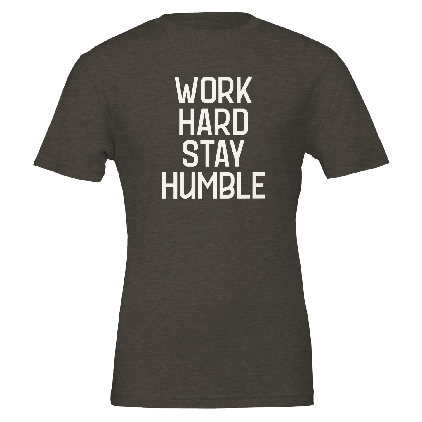 Heather black t-shirt with “Work Hard Stay Humble” printed in bold vertical white lettering – front view.
