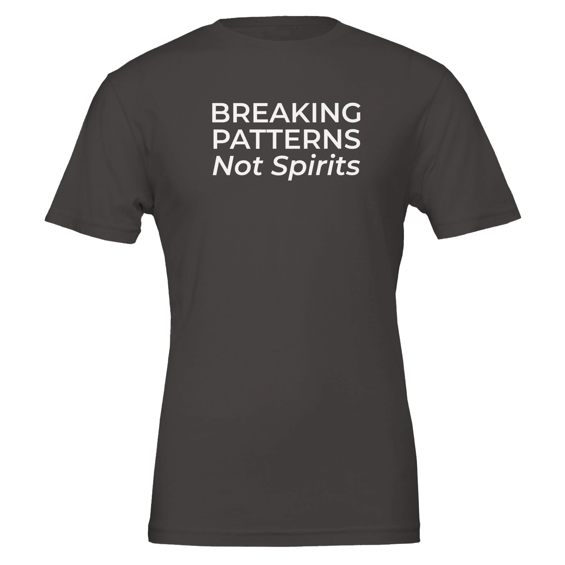 Flat lay of the “Breaking Patterns Not Spirits” t-shirt in Vintage Black, front view.