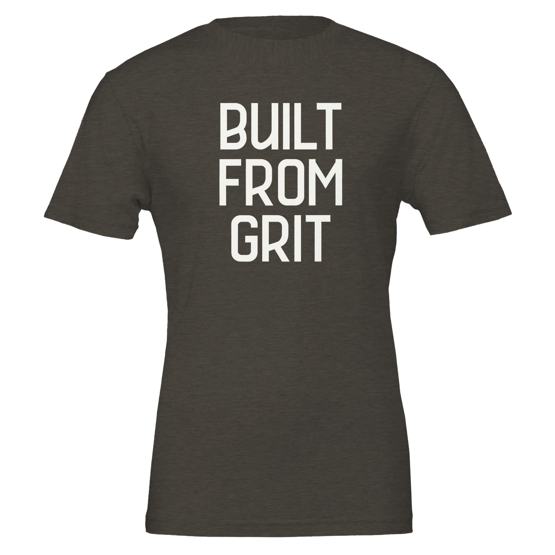 Flat lay of a unisex heather black t-shirt with bold white "Built From Grit" text stacked in three lines on the front.