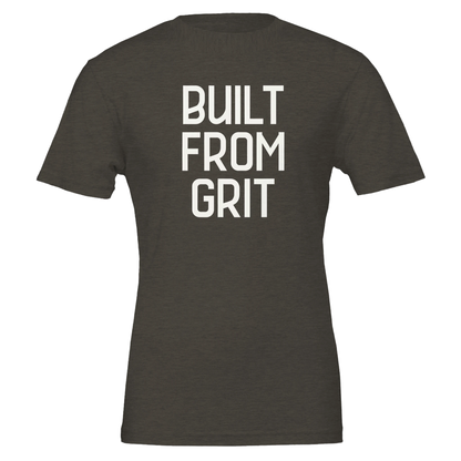 Flat lay of a unisex heather black t-shirt with bold white "Built From Grit" text stacked in three lines on the front.