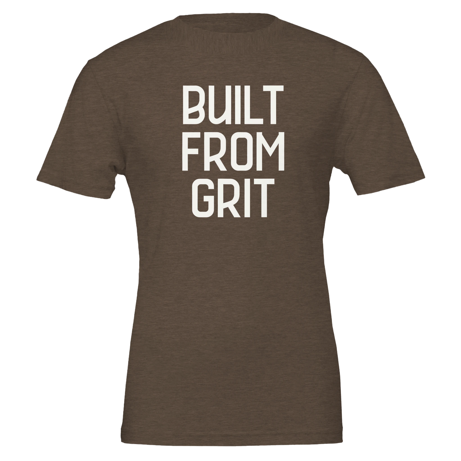 Flat lay of a heather brown t-shirt with bold, white "Built From Grit" stacked lettering across the chest.