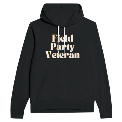 Field Party Veteran unisex pullover hoodie in black with bold text design on front.