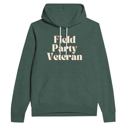 Field Party Veteran unisex pullover hoodie in heather forest with bold text design on front.