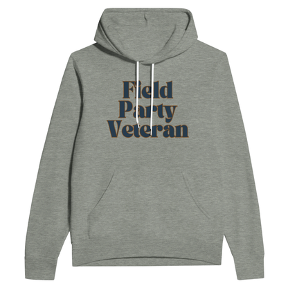 Field Party Veteran unisex pullover hoodie in heather gray with bold text design on front.