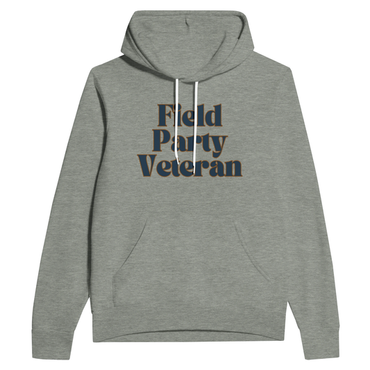 Field Party Veteran unisex pullover hoodie in heather gray with bold text design on front.