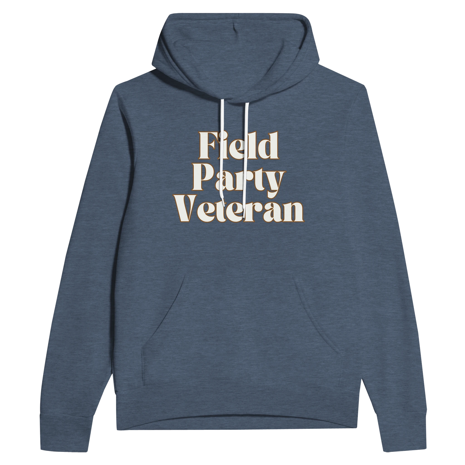 Field Party Veteran unisex pullover hoodie in heather navy with bold text design on front.