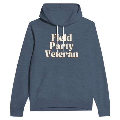 Field Party Veteran unisex pullover hoodie in heather navy with bold text design on front.