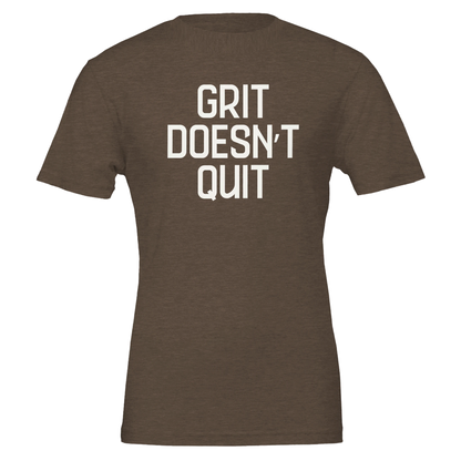 Flatlay of "Grit Doesn't Quit" tee in Heather Brown with bold white type.
