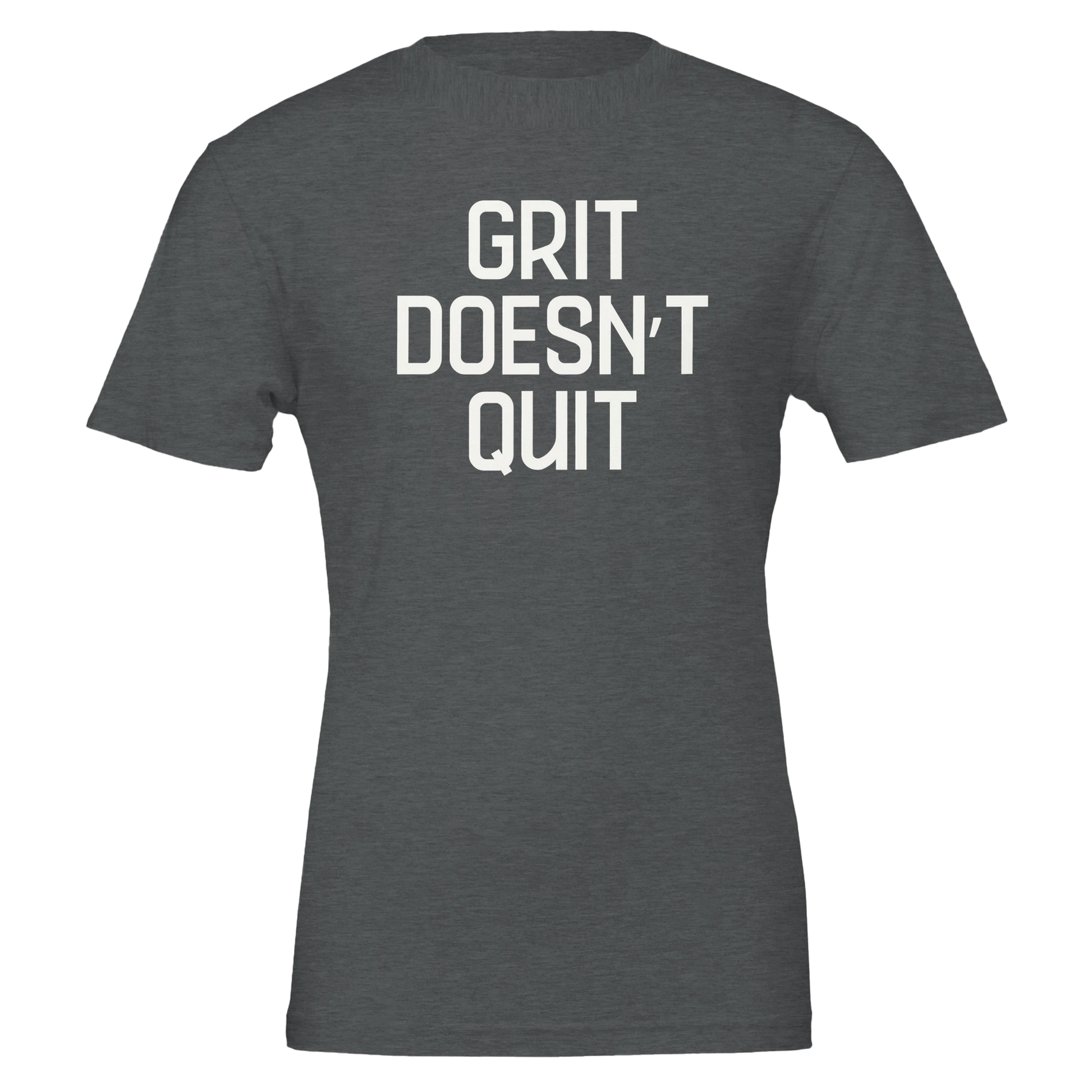 Flatlay of "Grit Doesn't Quit" tee in Heather Dark Grey with bold white type.