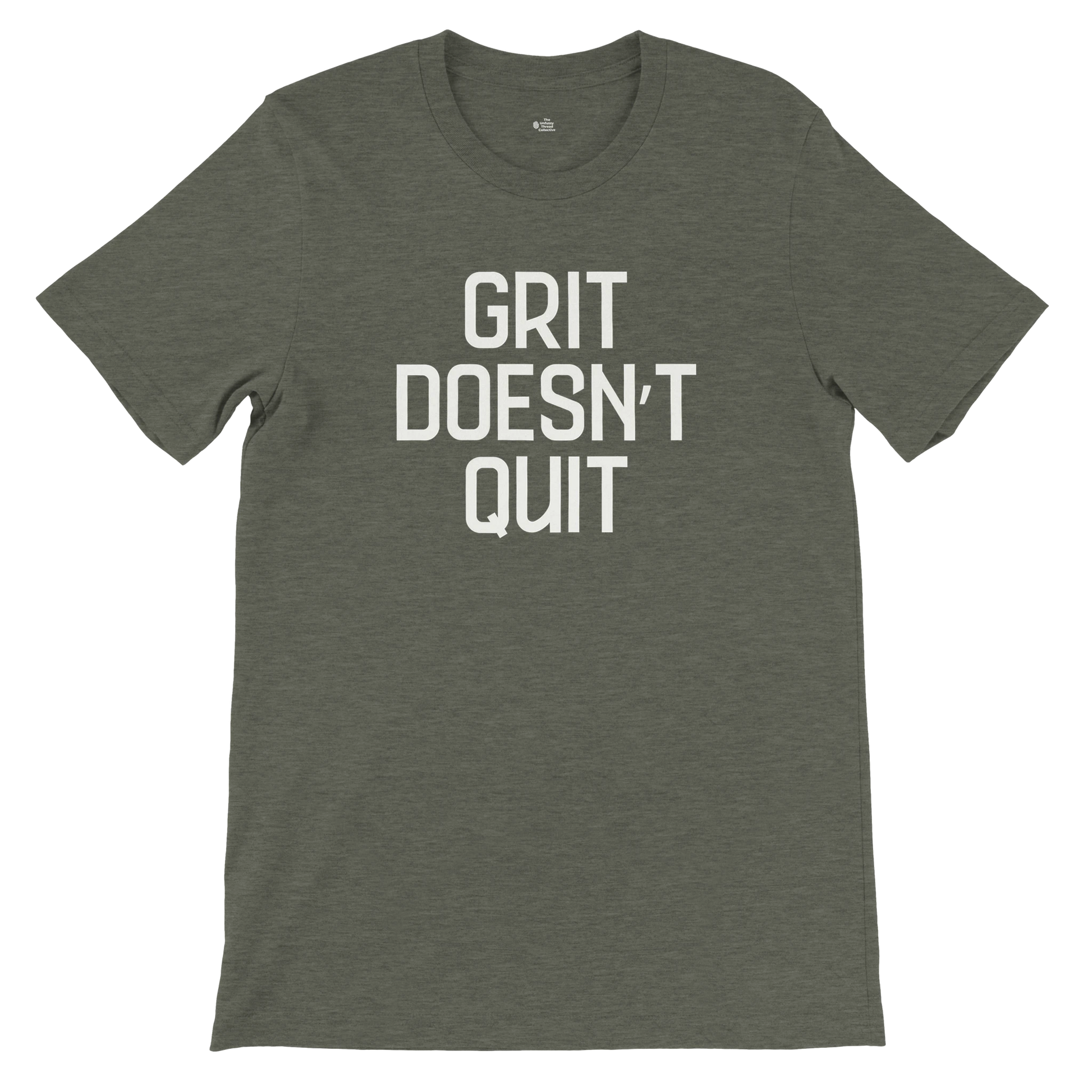 Flatlay of "Grit Doesn't Quit" tee in Heather Military Green with bold white type.