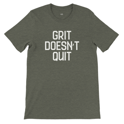 Flatlay of "Grit Doesn't Quit" tee in Heather Military Green with bold white type.