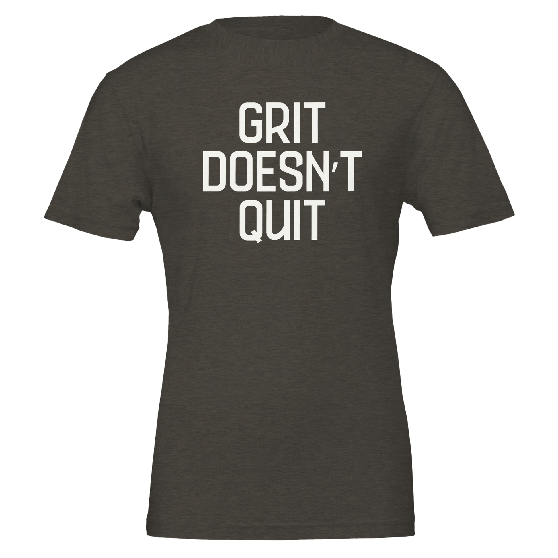 Flatlay of "Grit Doesn't Quit" tee in Vintage Black with bold white type.