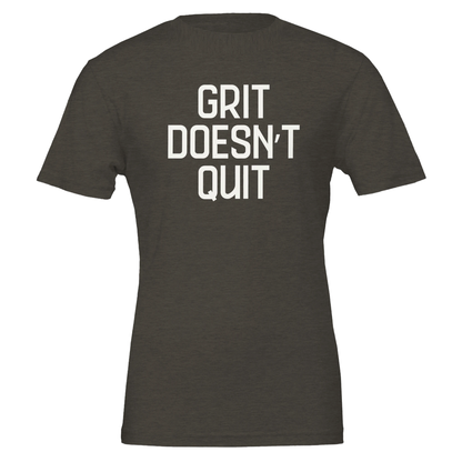 Flatlay of "Grit Doesn't Quit" tee in Vintage Black with bold white type.