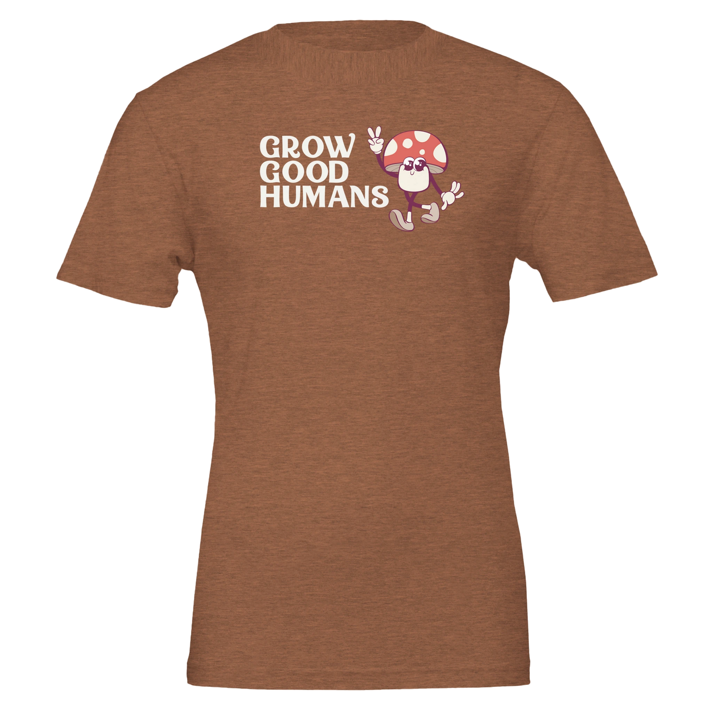 Flat lay of the “Grow Good Humans” t-shirt in Heather Autumn with peace-sign mushroom graphic, front view.