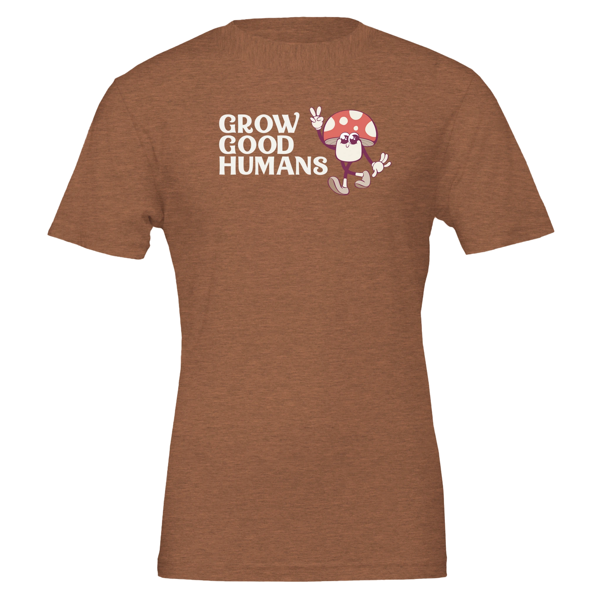 Flat lay of the “Grow Good Humans” t-shirt in Heather Autumn with peace-sign mushroom graphic, front view.