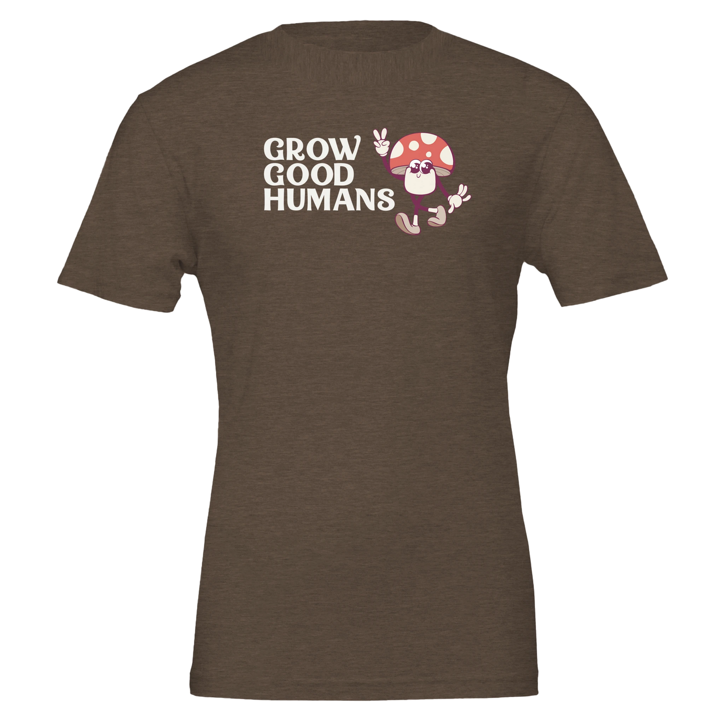 Flat lay of the “Grow Good Humans” t-shirt in Heather Brown with peace-sign mushroom graphic, front view.