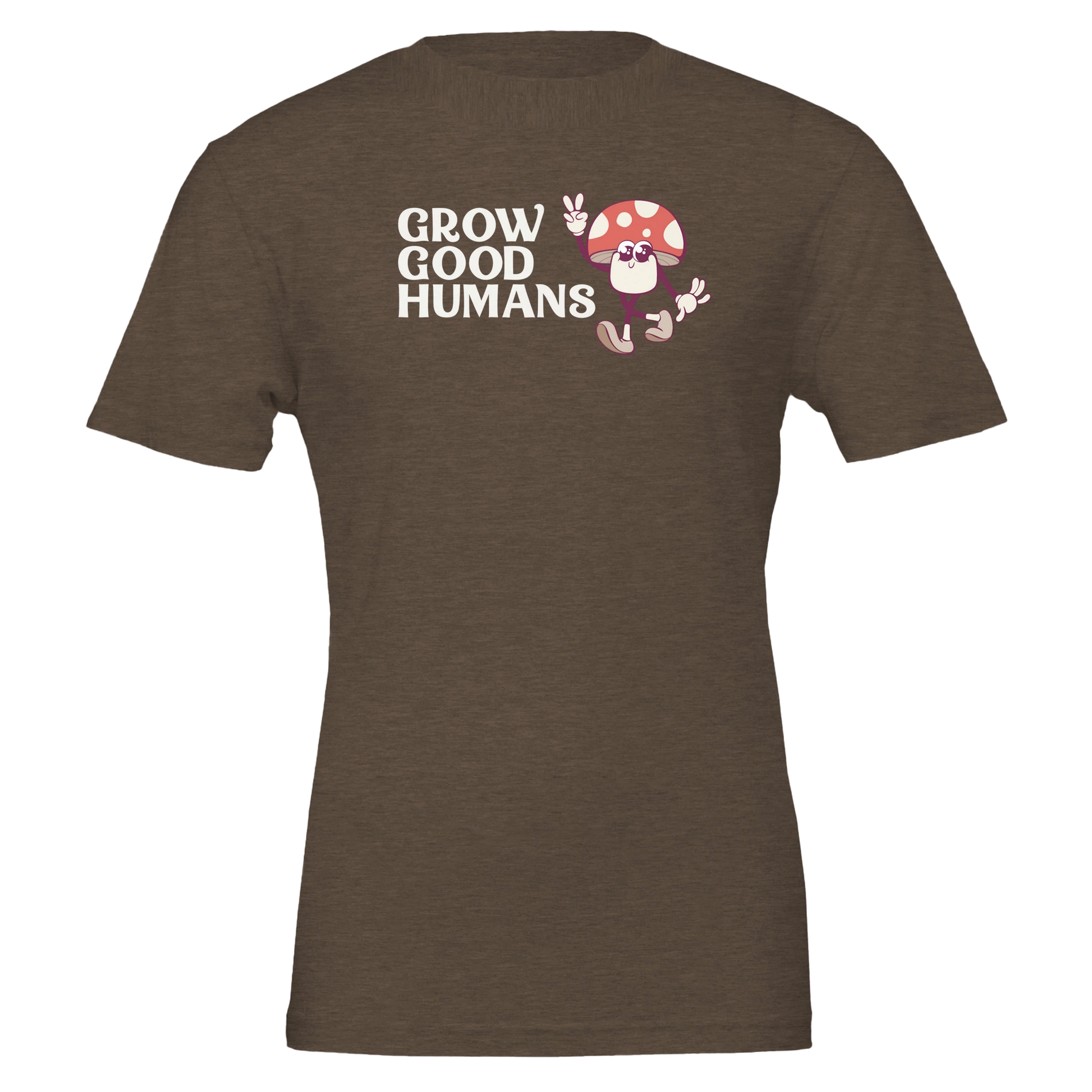 Flat lay of the “Grow Good Humans” t-shirt in Heather Brown with peace-sign mushroom graphic, front view.