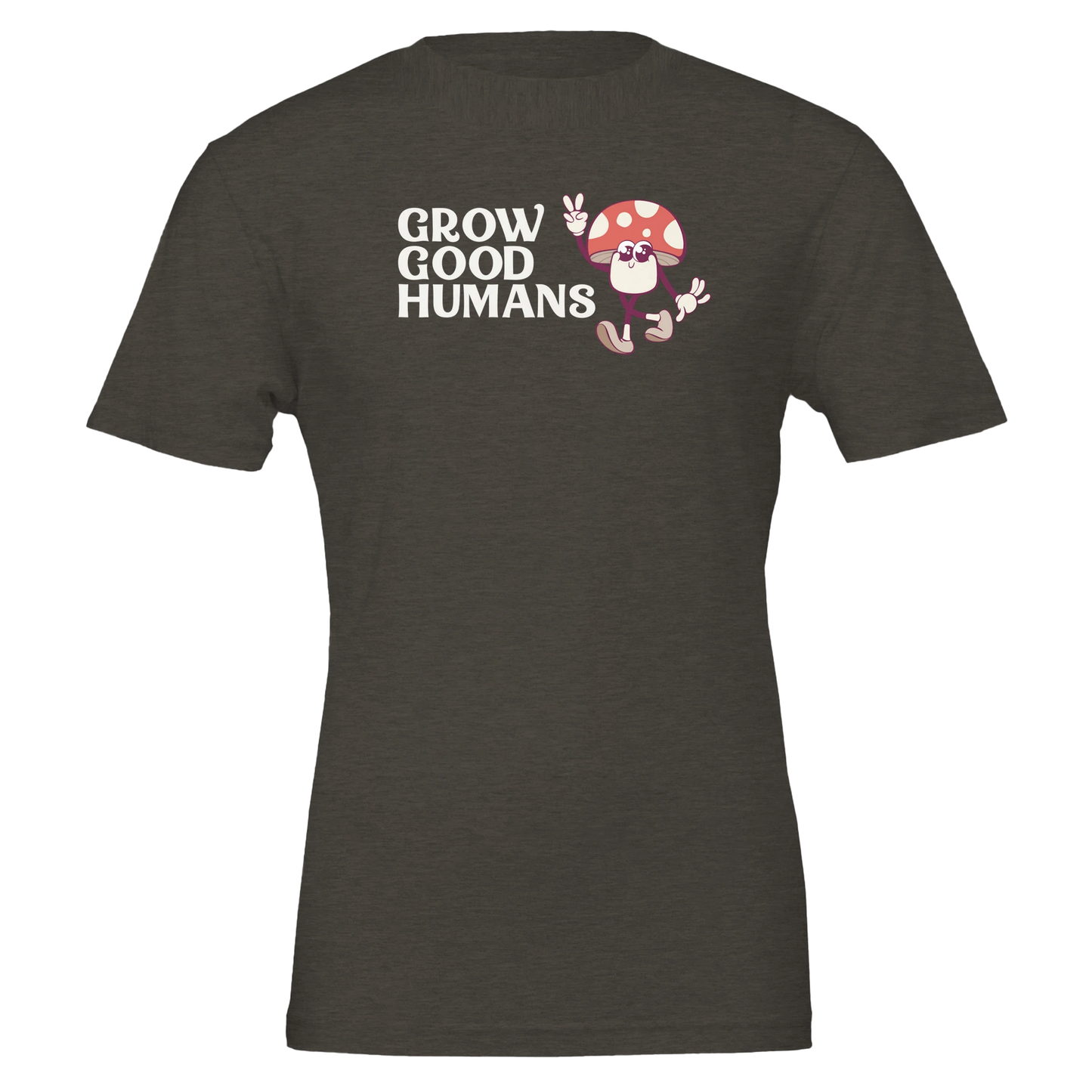Flat lay of the “Grow Good Humans” t-shirt in Heather Dark Grey with peace-sign mushroom graphic, front view.