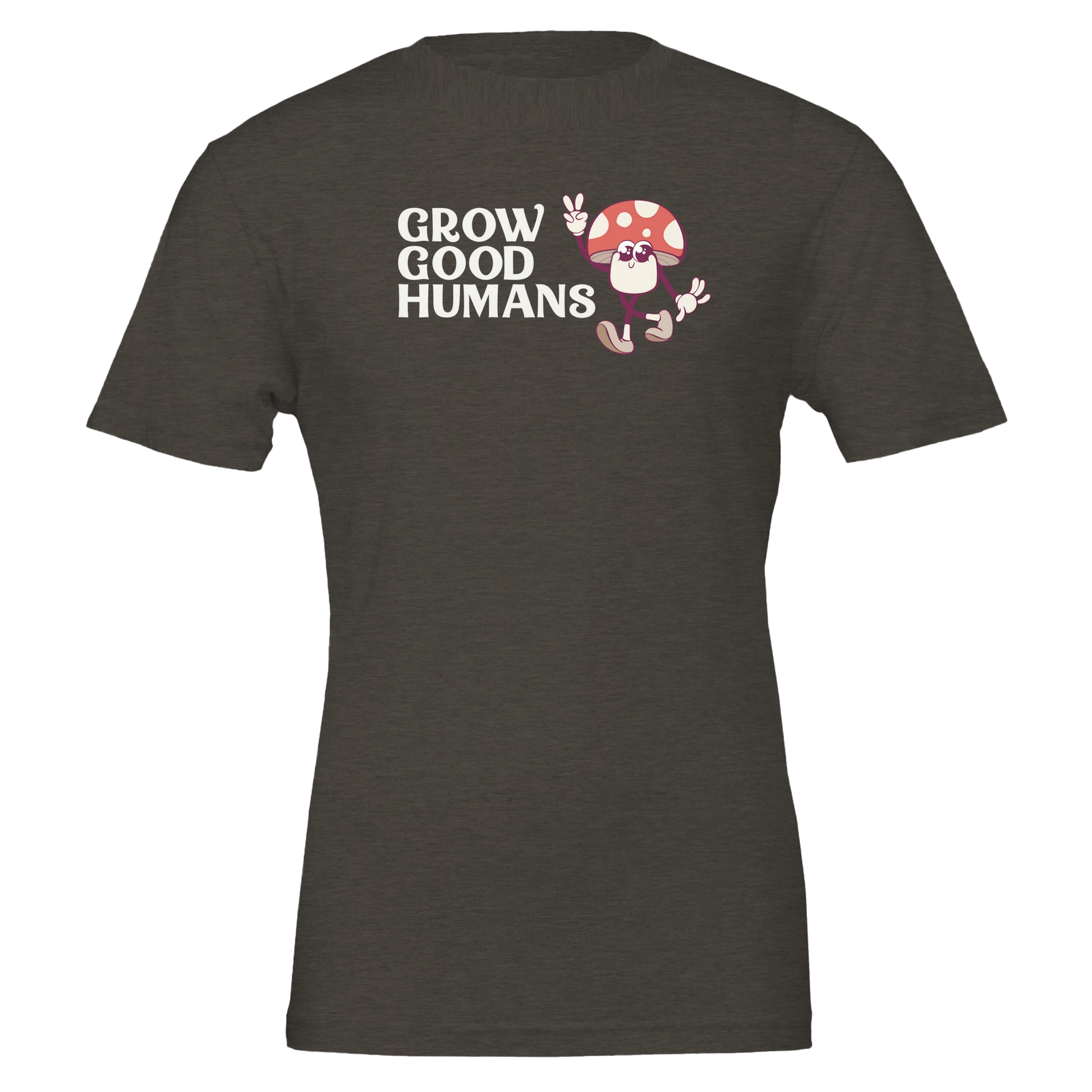 Flat lay of the “Grow Good Humans” t-shirt in Heather Dark Grey with peace-sign mushroom graphic, front view.