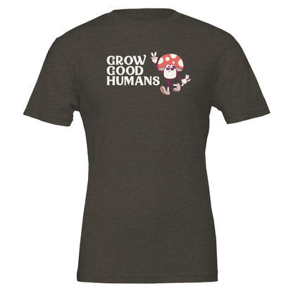 Flat lay of the “Grow Good Humans” t-shirt in Heather Dark Grey with peace-sign mushroom graphic, front view.