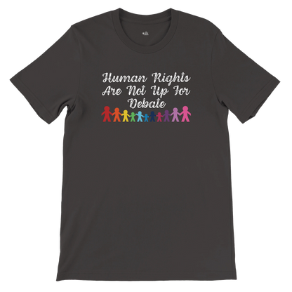 Flat lay of the “Human Rights Are Not Up For Debate” t-shirt in Vintage Black with rainbow paper doll graphic, front view.