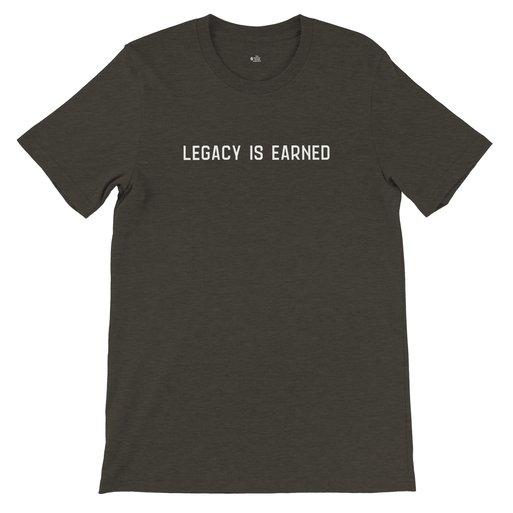lat lay of “Legacy Is Earned” t-shirt in heather black with white text on the front.