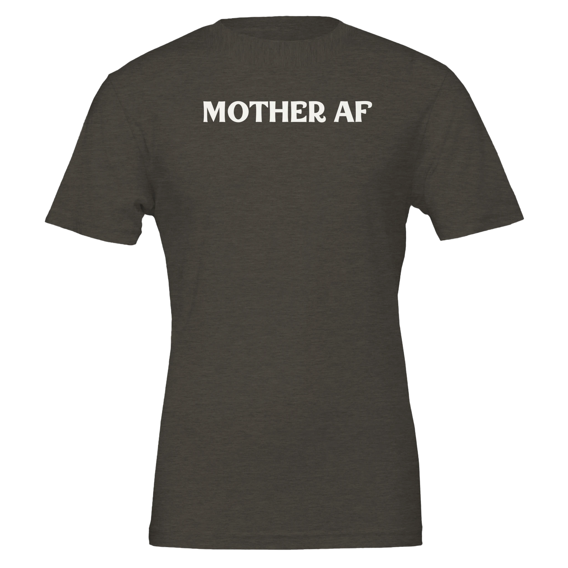Front view of a heather black t-shirt with “Mother AF” printed in bold white text.
