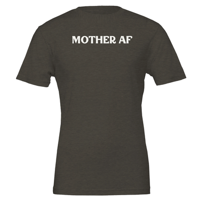 Front view of a heather black t-shirt with “Mother AF” printed in bold white text.
