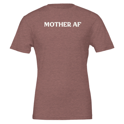 Front view of a heather mauve-colored tee with “Mother AF” printed in white.